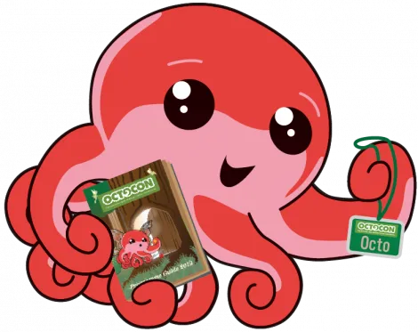 Our friendly mascot Octo who is a cute, pink Octopus. Octo is holding an Octocon Programme book and badge with their name "Octo" printed on it. The book and badge are green.