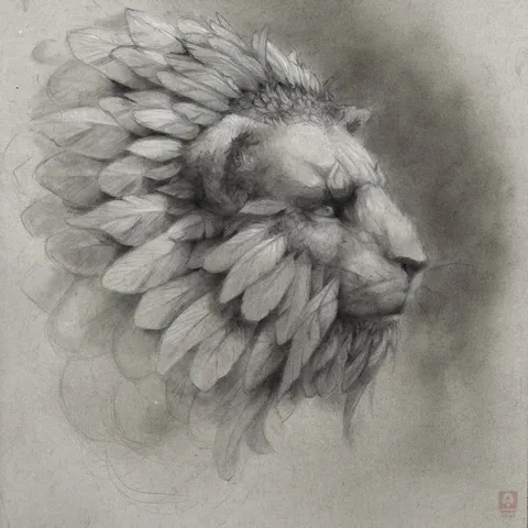 Pencil portrait of a male lion in three-quarter view. He is looking to the side with a serious expression. Instead of fur, he has many large and small feathers in his mane.