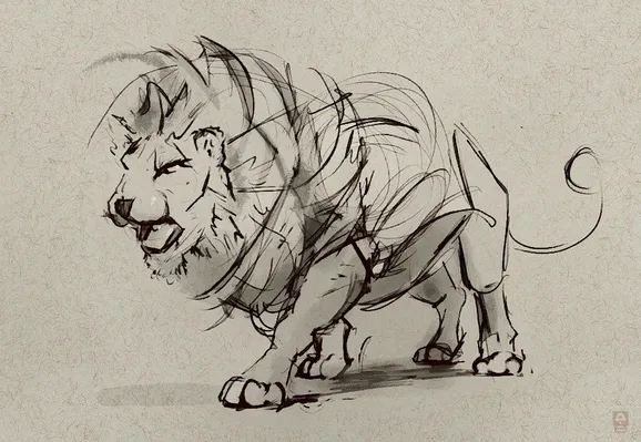 digital drawing of a walking lion with slightly open mouth. His fur is blown side ward.