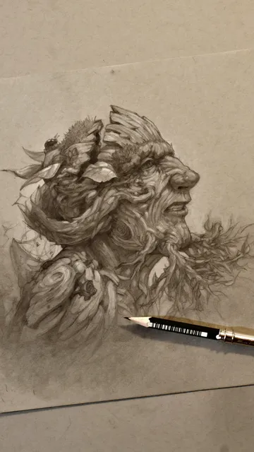 Pencil drawing of a man with a wooden face. His expression is between pain and disgust.

