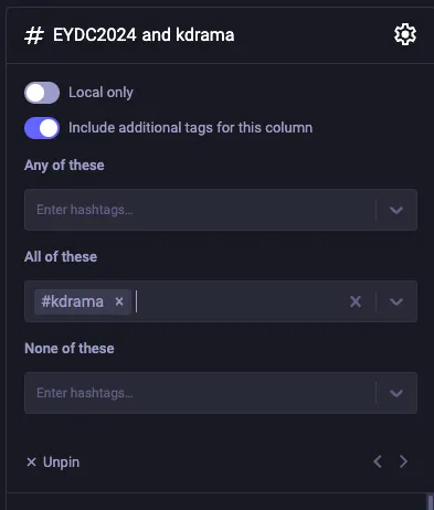 The settings (click the gear icon) for the pinned EDCY2024 column with the additional #kDrama tag added to the "All of these" section.