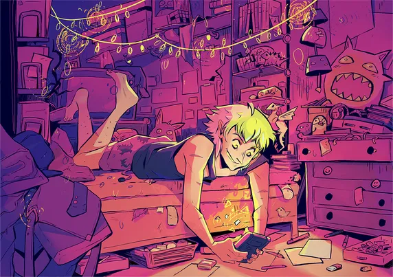 Comicstyle Illustration.
Gamerboy only in shorts and top, lying on a bed, playing with a gameboi in a super crowded chaotic room full stuff, like paper, plushis, clothes and dead plants. 
Colors mostly pink and lila + neon yellow as accent color.