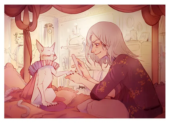 Comicillustration.
Light pencil-inks, soft redish colors.
A Man with long white hair, sitting on a bed, filing a white cats claws. The cats looks very majestic, wearing a robe. In the background are more cats sitting on and in a dresser, candlelights.
Another man with smol horns, enters the room and looks confused.