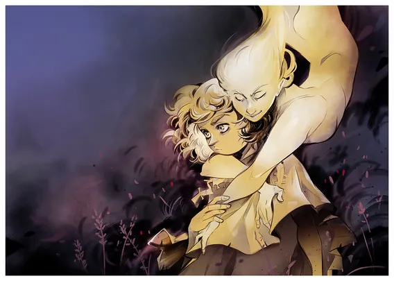 Semirealistic Illustration.
Colorscheme Lila with yellow characters.
A girl with short hair stands in high grass, looking kinda sad, while beeing hugged from a a ghostly looking woman, who floods from air down to her.