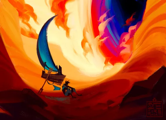 The debris disc of a great black hole. The event horizon is a riot of color, from gold to orange to red to magenta to cobalt blue and finally to pitch black. The debris disc below resembles sandstone canyons filled with golden dust. A windsurfer is suspended in space, there, with its pilot taking a moment to rest on the floor of one of the canyons.