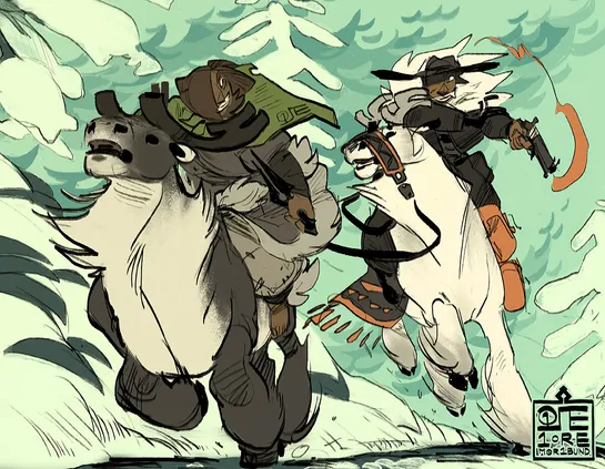 Len and Sinuk riding two caribou, and looking like a right pair of caribou rustlers as they negotiate with the slopes of the Scaiuq mountain range.