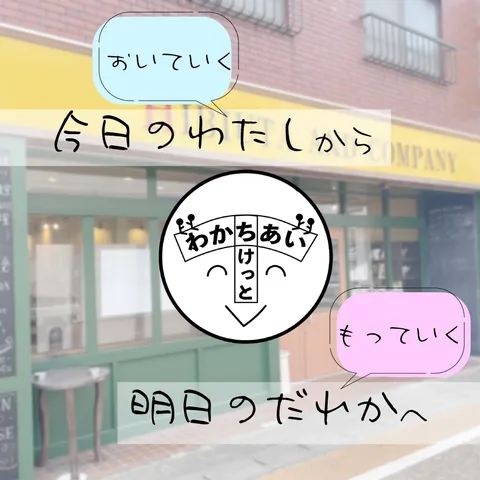 わかちあいチケット　POP
今日の私からおいていく
明日のだれかに　もっていく
と書かれている。
背景は緑の窓枠・オレンジ色のドア・黄色の看板の建物