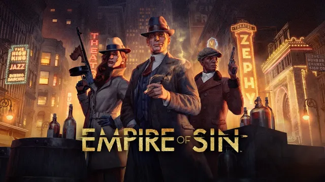 The cover for the videogame Empire of Sin, which takes place in 1930's Chicago. the cover features a several lit up buildings at night and three characters. A smoking white man with a trillby, a woman with a hat and a machine gun and a black man with a beret and a pistol. They're surrounded by crates of booze.