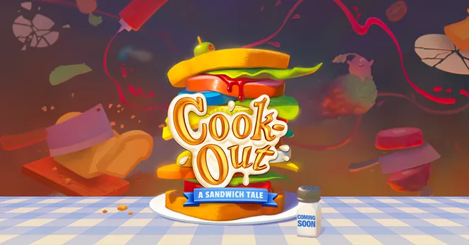 The logo for the game Cook-Out: A Sandwich Tale. It is in front of a tall sandwich that is on a table with a picnic blanket. On the background there are flying ingredients, breaking plactes, a cleaver, ketchup.