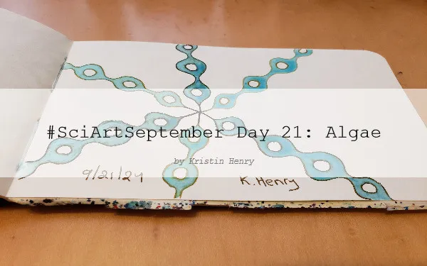 Hand drawn generative/procedural art in ink on an open page of my sketchbook. The abstract pattern is inspired by kelp. There is a watermark across the image with text that reads "#SciArtSeptember Day 21: Algae by Kristin Henry"
