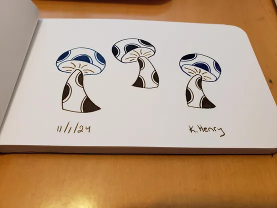 Hand drawn generative art in ink on an open page of my sketchbook. The abstract pattern looks like mushrooms with polka dots on their stems and caps.