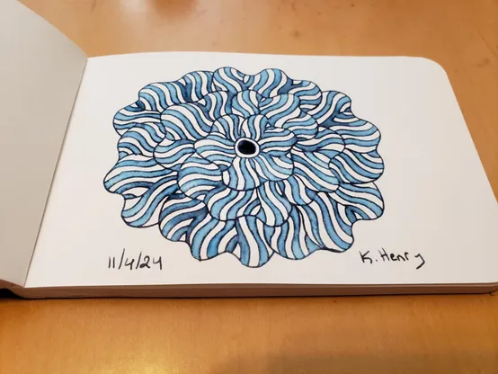 Hand drawn generative/procedural art in ink on an open page of my sketchbook. The abstract pattern is floral.