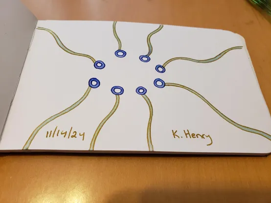 Hand drawn generative/procedural art in ink on an open page of my sketchbook. The abstract pattern is tricky to describe. Small blue rings arranged in a rough oval pattern, with green-brown 'stems' extending out from each circle to the edges of the page.