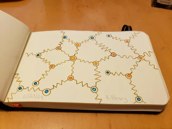 Hand drawn generative/procedural art in ink on an open page of my sketchbook. The abstract pattern looks a bit like  a chemistry diagram or a circuit diagram.