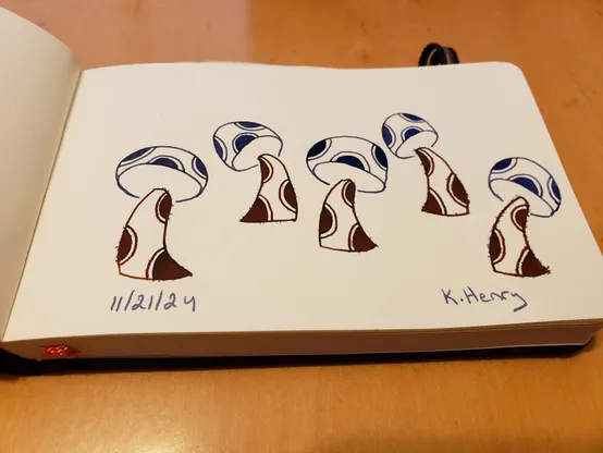 Hand drawn generative/procedural art in ink on an open page of my sketchbook. The abstract patterns looks like it could be some cute little mushrooms with polka dots on their stems and caps.
