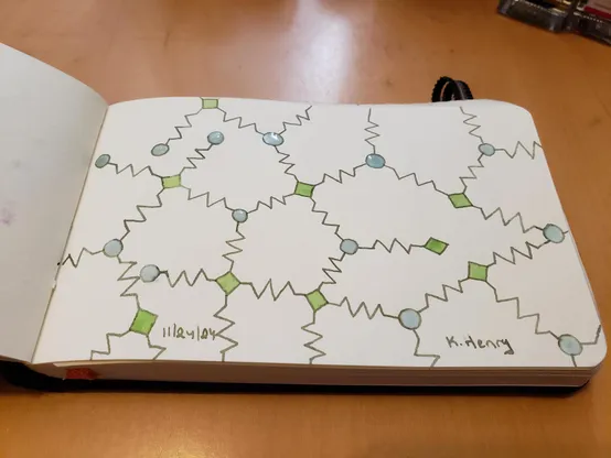 Hand drawn generative/procedural art in ink on an open page of my sketchbook. The abstract pattern looks a bit like a circuit diagram, with the lines between nodes resembling the electronic symbol for resistance.
