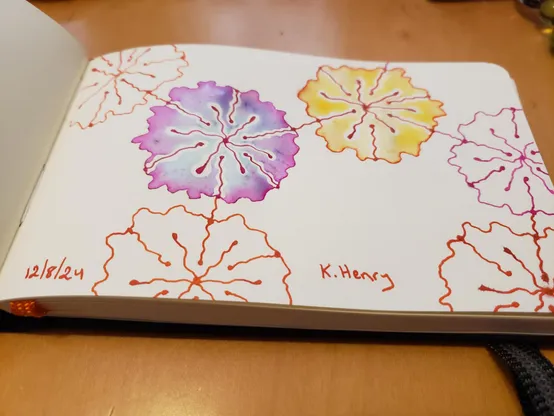 Hand drawn generative/procedural art in ink on an open page of my sketchbook. The abstract pattern looks a bit like a chemistry diagram with flowers.