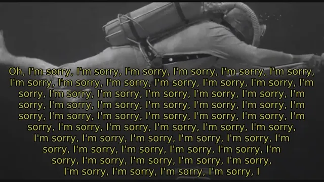 A captured frame from the movie "It Came From Beneath The Sea" showing a SCUBA diver. The caption on the screen reads "Oh, I'm sorry" and then "I'm sorry" is repeated more than 25 times. 