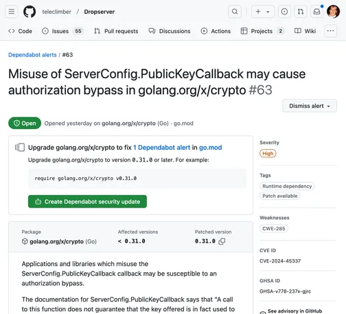 Github dependabot page for project Dropserver for "Misuse of ServerConfig.PublicKeyCallback may cause authorization bypass in golang.org/x/crypto" CVE-2024-45337