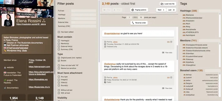 a screenshot of the MARL interface showing the ability to filter posts, browse them chronologically, see the most used hashtags, most frequent mentions and boosts