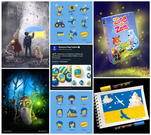 A few artworks: some digital paintings of Ukrainian hero characters, hand painted blue yellow Easter eggs, a cute board game for children, Lithuanian mythological creature Kaukas and a posca marker drawing of a Bayraktar drone flying above yellow crop field.