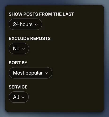 Sill.social’s filtering section with the options: “Show posts from the last:”, “Exclude reposts”, “Sort by” and “Service”