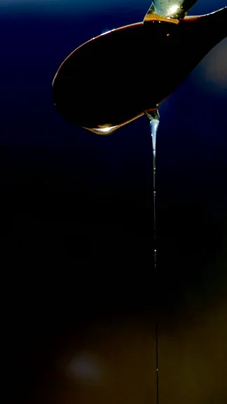 Close-up video of honey dripping from a wooden spoon. The spoon is set against the light so that the background appears dark. Light gets through the honey drips and drops, making some lenses effects. Some sparky bubbles made by chromatic refraction are visible inside the drips. The drips make oscillatory movements due to the non-newtonian (elastic) nature of the fluid. The whole scene looks like a black hole image, with the dark centre (the spoon) surrounded by a light ring (the honey bending the light by refraction)