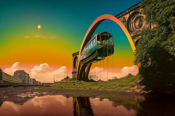 Stark verfremdetes Bild einer Schwebebahn, die an einem Viadukt bzw, einer Brücke hängt. Der Himmel hat einen regenbogenartigen Farbverlauf, unten ist ein halb ausgetrockneter Fluss, in dem sich die Farben spiegeln. 