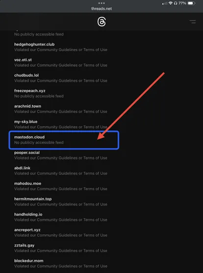 Mastodon Cloud instance banned by Threads