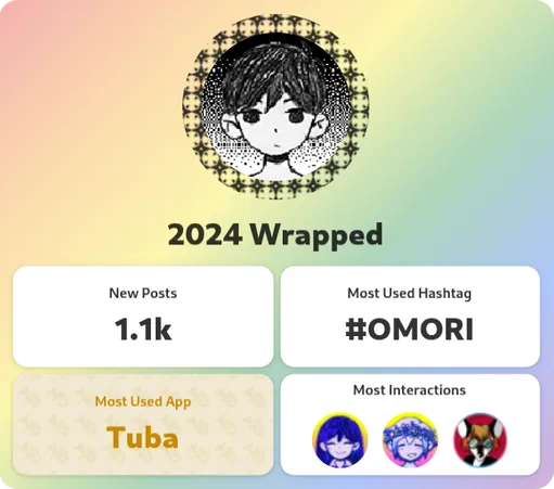 Screenshot of my 2024 Wrapped annual report using Tuba.I made 1.1k posts.My most used hashtag was #OMORI.My most used app was Tuba.I had the most interactions with MARI, OMORI, Xenia.