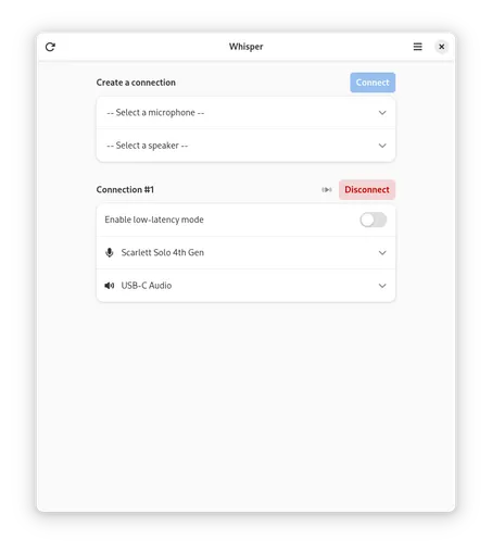 A screenshot of Whisper, showing one connection between "Scarlett Solo 4th Gen" and "USB-C Audio"