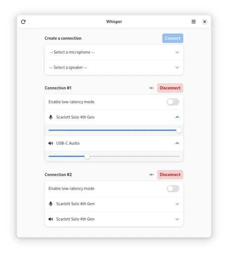 A screenshot of Whisper, showing one connection between "Scarlett Solo 4th Gen" and "USB-C Audio" with it's volume sliders opened, and one connection between "Scarlett Solo 4th Gen" and "Scarlett Solo 4th Gen"