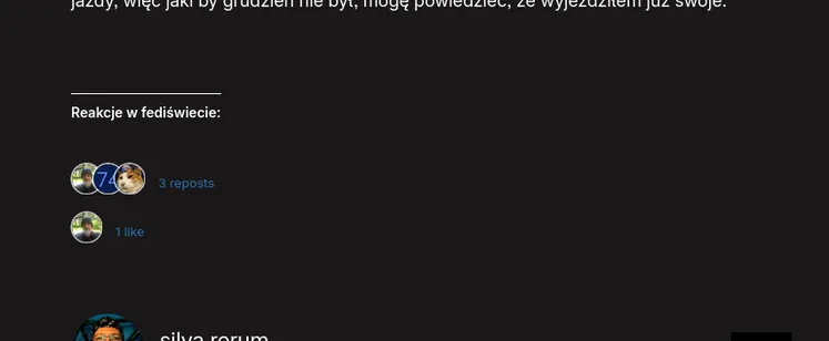 Zrzut ekranu fragmentu bloga. Pod wpisem sekcja „Reakcje w fediświecie” z polubieniami i podbiciami w fediwersum, zawierająca okrągłe awatary kont, które weszły w interakcje.