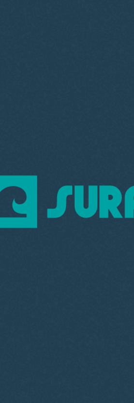 Logo for new social web app called Surf, with teal, cream, mustard and light red "rainbow" in left corner and Star Wars-style font for the word SURF