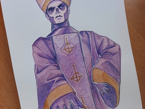 A5 size drawing of Terzo, previous vocalist character from Ghost. I used watercolours and pencils for details. He's wearing a pope hat and robes in dark colours with gold details (he's the antipope in case you're not into the band's lore). Even though it would usually be black, I used dark purple as the primary colour of this drawing. He's posing with one hand on his hip and the other one is closer to the viewer showing his golden nails to us. He's wearing dark make up over his completely white face.