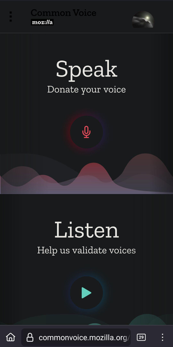 Screenshot of common voice site with mic ready to record