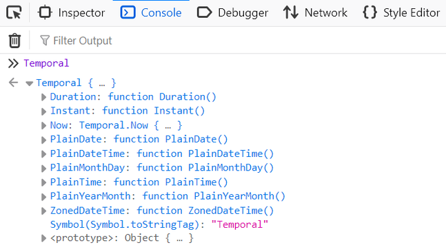 The Console tool in Firefox DevTools, showing that the global Temporal object is defined.