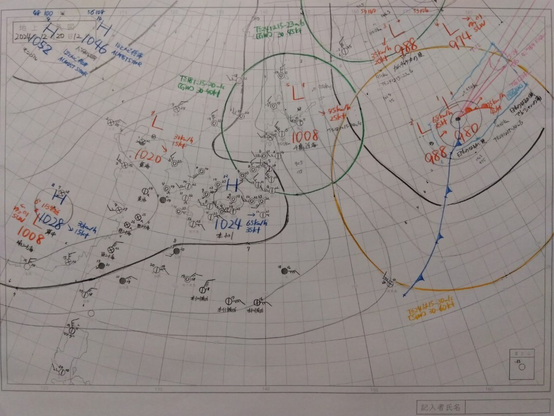 2024年12月20日正午の気象通報を基に描いた天気図