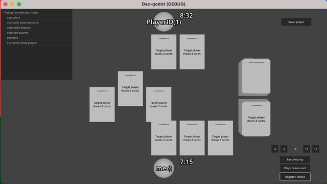 Gameplay from a multiplayer card game, with placeholder / basic assets. Both players fight over a magic-like stack, with cards in hand that ostly say "Target player draws 3 cards". There is debug information in view.