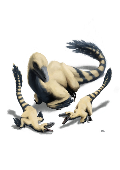 A digital painting of a Velociraptor mother trying to take a nap while her two chicks are playing in front of her.