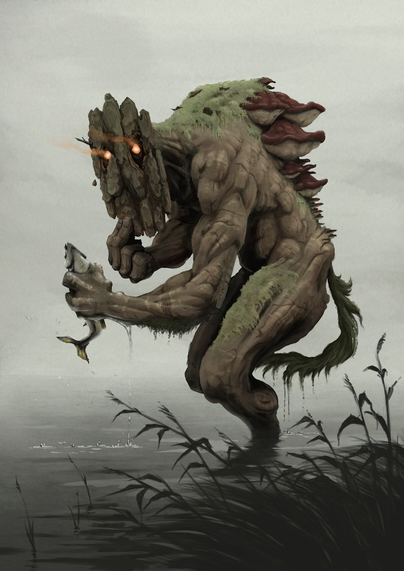 A digital painting of a troll standing in a lake, having just snatched a fish from the water. He looks surprised at the viewer. His face is covered by a mask made of pine bark and out of his back are growing shelf fungi.