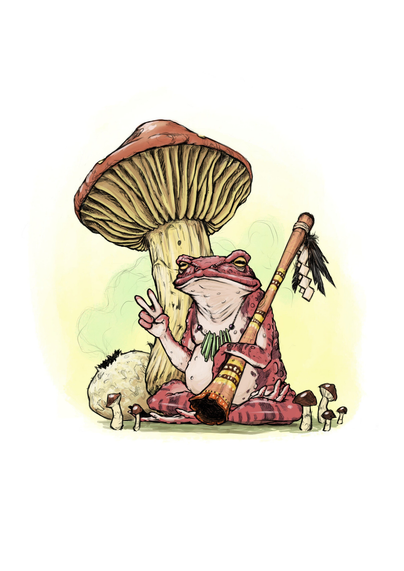 A digital sketch of a frog sitting underneath a giant mushroom, looking at the viewer while holding a didgeridoo in her left arm and making a peace-sign with her right hand.