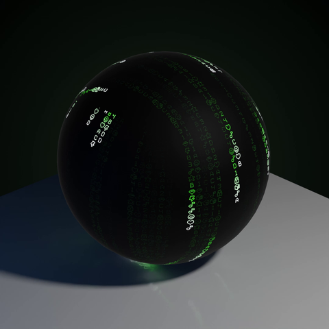 A 3D animation of a sphere with a Matrix style text effect cascading down the sides. The sphere is sitting on a white plane and there is a faint green glow behind it.