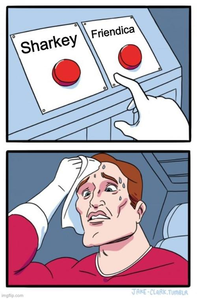 an illustration showing the "hard choice" meme, with a man sweating profusely as he has to choose between two buttons - on the left "Sharkey" and on the right "Friendica"