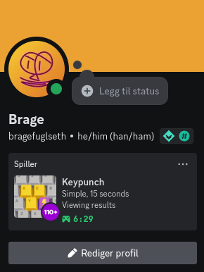 Screenshot of Brage's Discord profile card, showing Keypunch in his status with fun artwork and information about his activity (text mode, duration, speed, etc.).