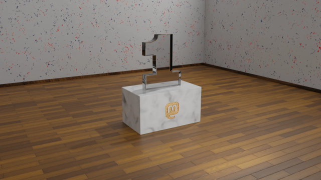 The number 1 is made of glass and rests on a marble block with a golden Mastodon logo on the front. The room has wooden floors and white wallpaper with colored sprinkles.