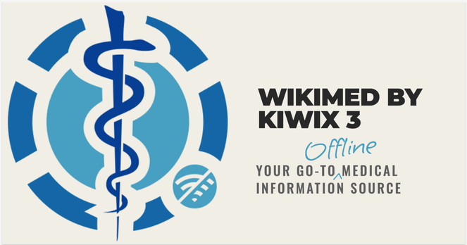 A banner with a prominent WikiMed offline logo on the left, and the words "WikiMed by Kiwix 3" on the right. Under this title appears "Your go-to offline medical information source".