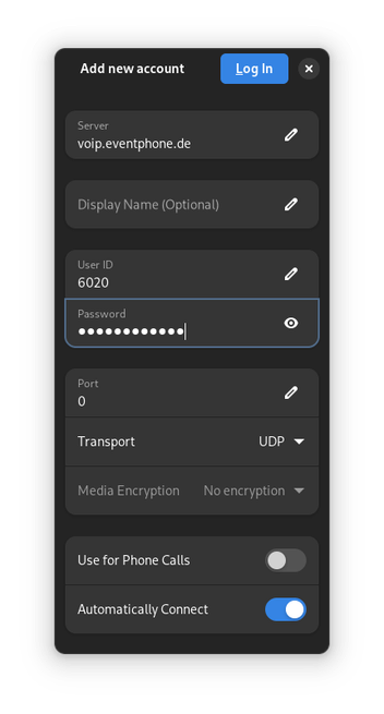 Screenshot of the settings screen of GNOME Calls, showing "voip.eventphone.de" as the server address and "6020" as the User ID. Feel free to call me. :)