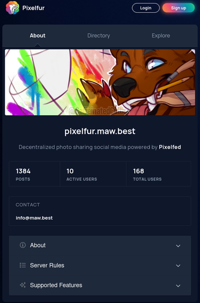 Front page of Pixelfur with the banner from CC (@caffeinatedcultist@meow.social) it shows the message: "Decentralized photo sharing social media powered by Pixelfed" and also the contact (info@maw.best) and a couple of stats (1384 posts, 10 Active Users, 168 Total Users)