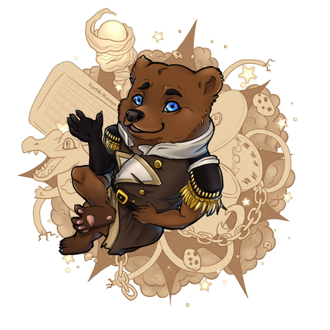 Chibi version of an antro-bear wearing a rippped army-jacket, there are a bunch of cables, gears in the Background as well as a keyboard, a Karnimani and a wizard-staff. The Background objects are laid out in a chaotic circle and are brown tinted. The image is made by Kaosyn.